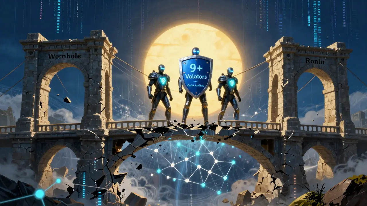 Разрушенный мост в цифровом хаосе, три стражи защищают новый децентрализованный мост.