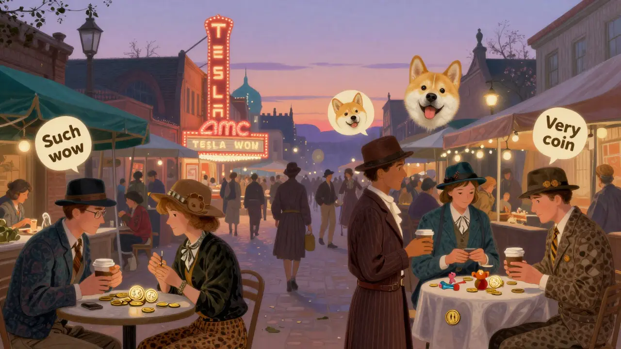 Рынок в стиле 1920-х, где люди обменивают Dogecoin на кофе и билеты, с Tesla и AMC на фоне.