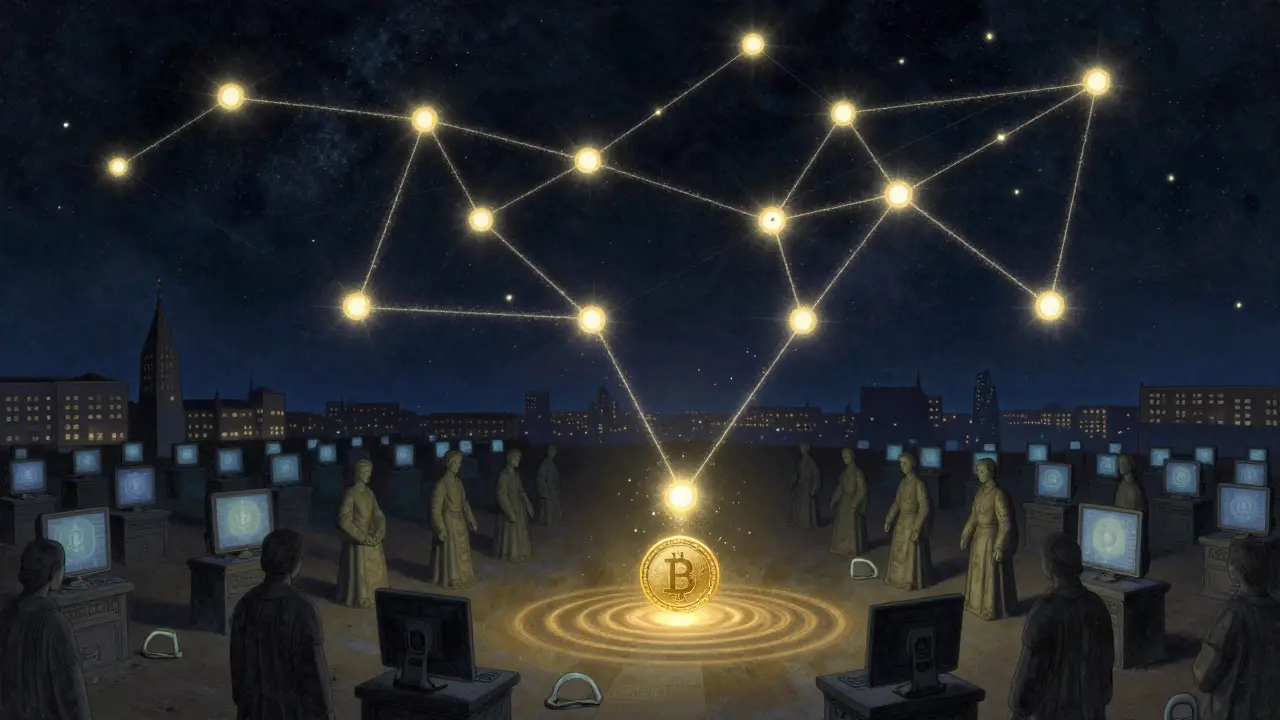 Сеть из светящихся узлов в виде созвездия отклоняет дублирующую транзакцию золотой волной энергии.