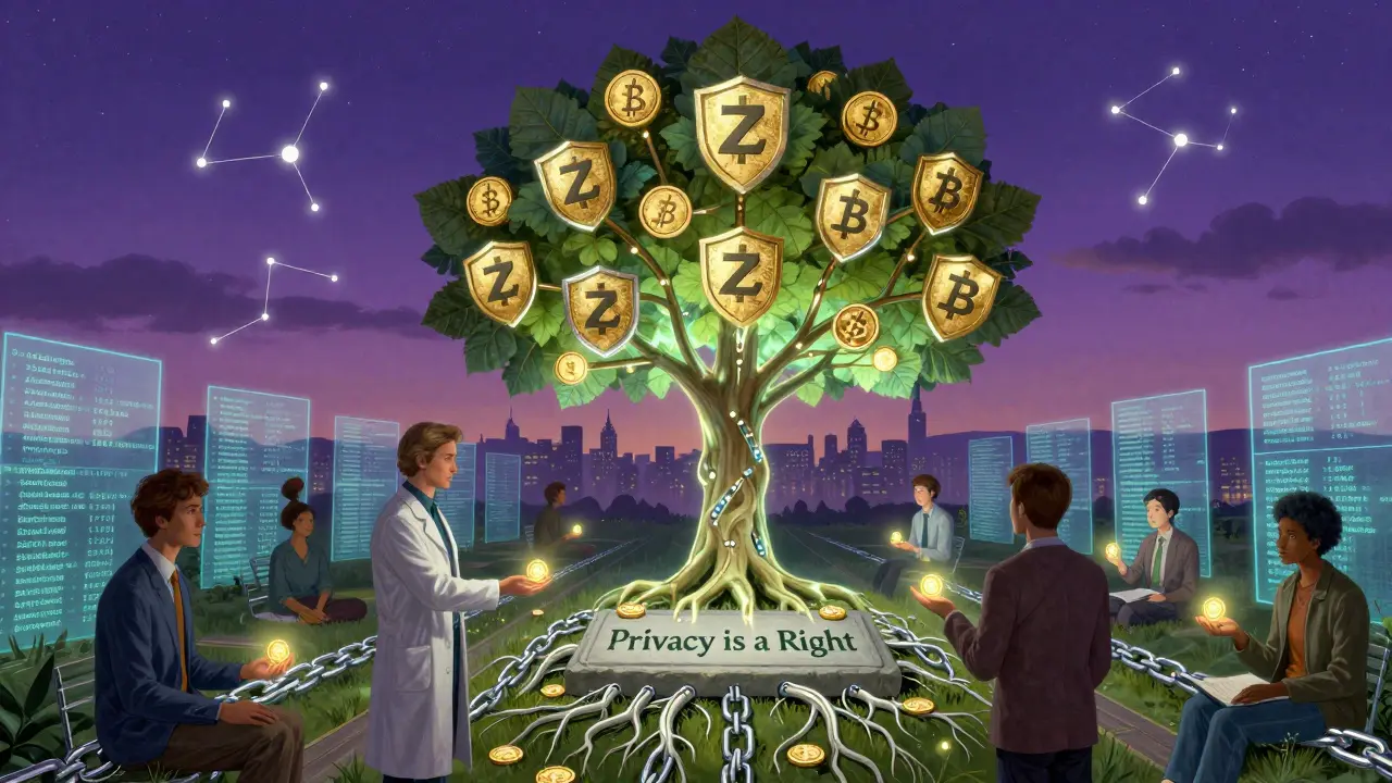 Светящееся дерево с корнями-блокчейнами, где люди обмениваются анонимными монетами под закатом с символами приватности.