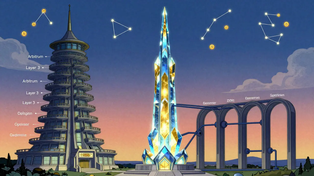 Три архитектурных сооружения, символизирующих Layer 2-сети, в волшебном закатном свете.