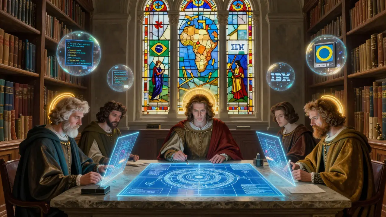 Учёные изучают голографические схемы консенсуса Ouroboros в библиотеке с витражами глобальных проектов.