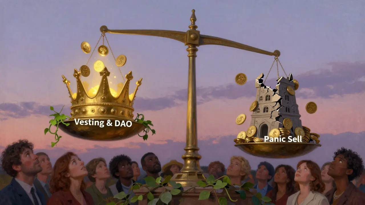 Весы баланса: растущая экосистема против падающих токенов, толпа смотрит вверх.