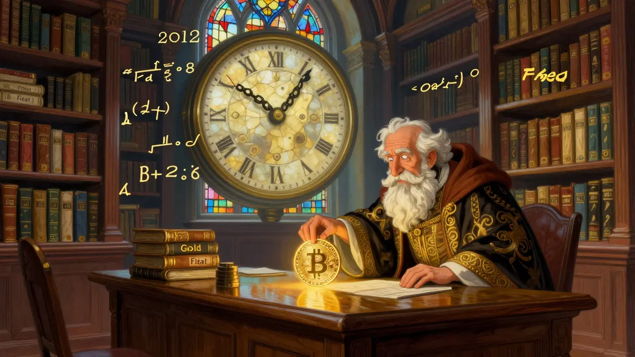 Библиотека с книгами о биткоине и золоте, мудрец сравнивает их, часы указывают на 2028 год.