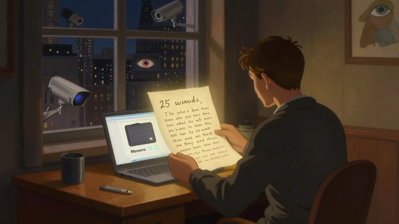 Человек в тихой комнате хранит seed-фразу, пока за окном его наблюдают камеры.