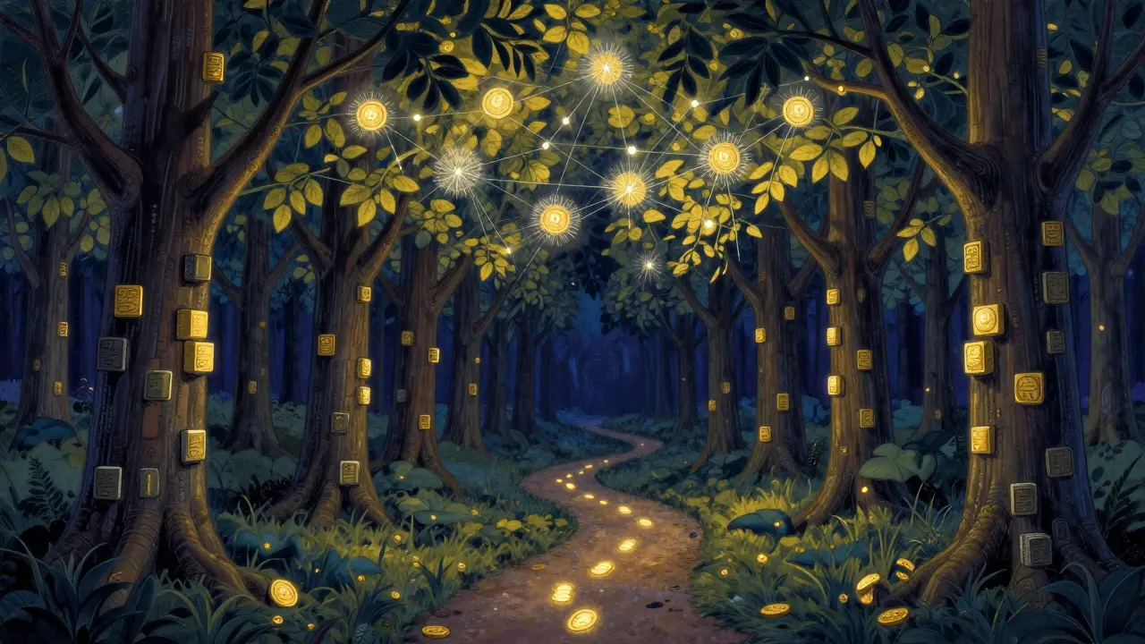 Цифровой лес из блокчейн-деревьев с тайными путями, по которым скрываются монеты XMR.