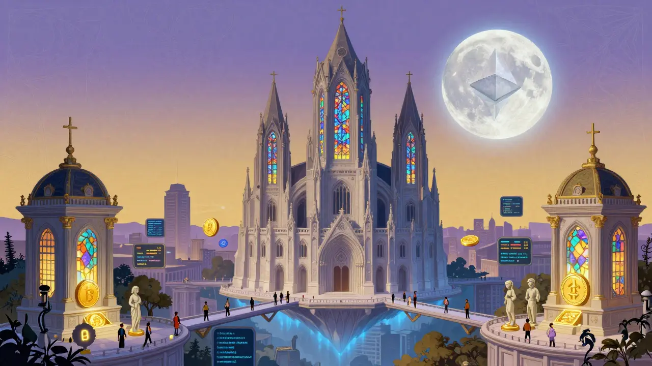 Цифровой собор Эфириума парит над городом децентрализованных приложений, сияя волшебным светом в стиле Максфилда Парриша.