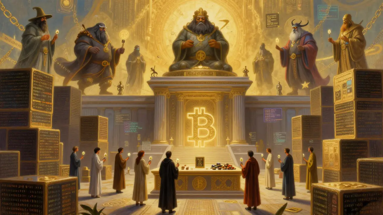 Храм Биткоина с алтарём Taproot и небесными Ordinals NFT, окутанный божественным светом.