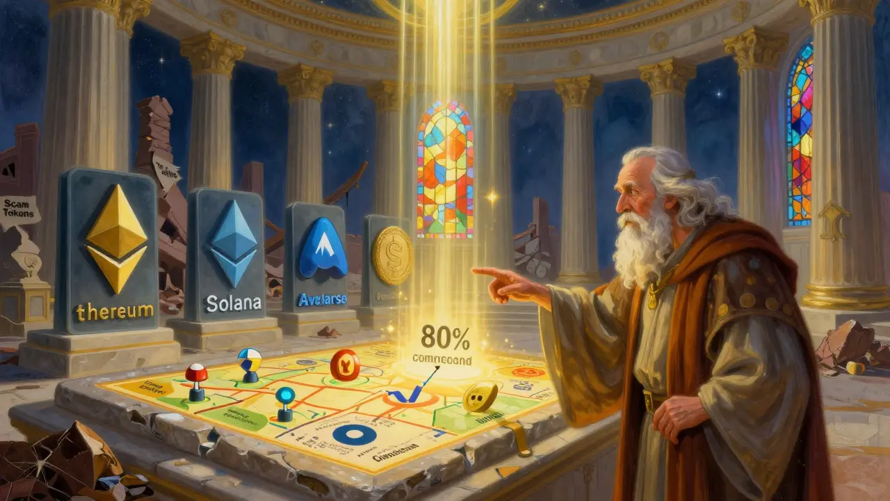 Храм блокчейн-инфраструктуры с живыми дорожными картами и сгорающими токенами в тени руин.