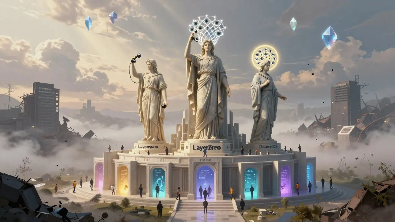 Храм блокчейнов с тремя статуями протоколов, централизованные биржи рушатся в тени.