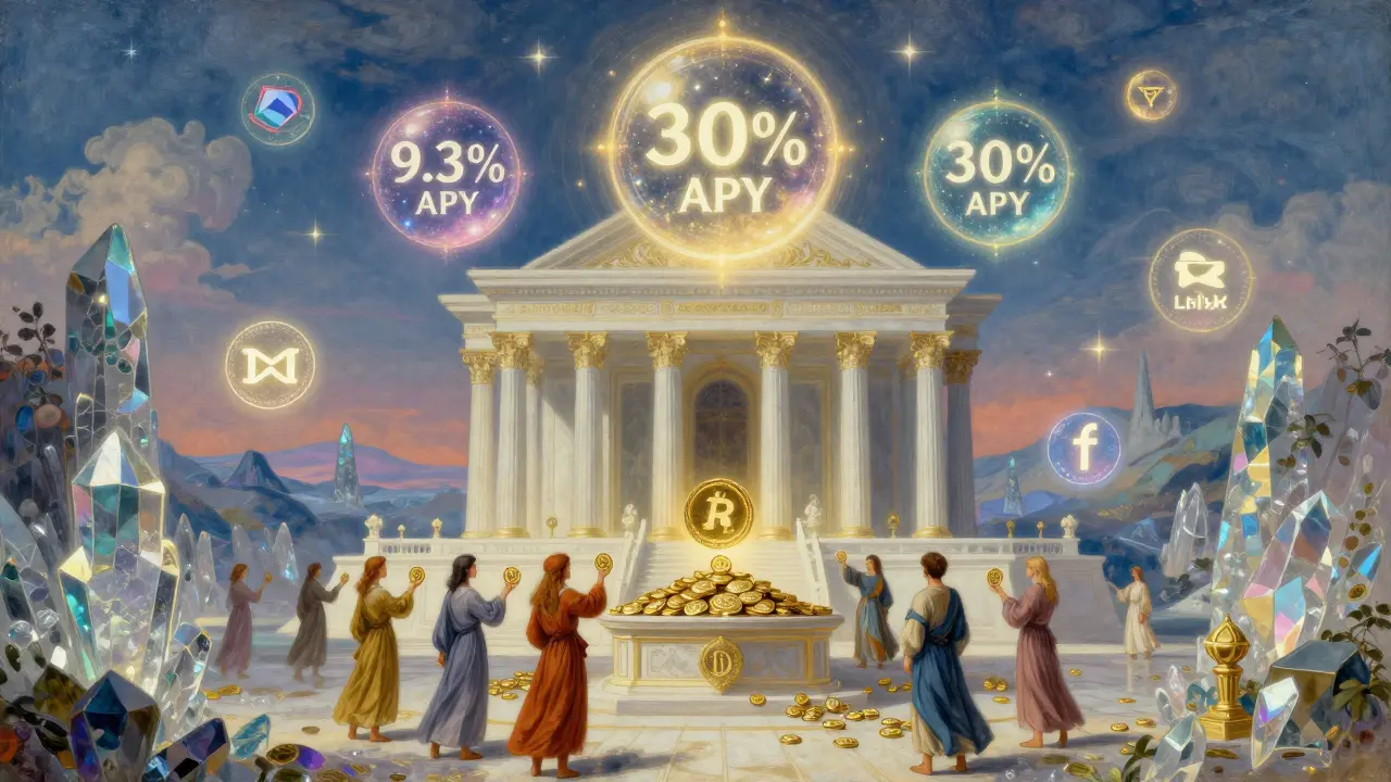Храм финансов превращает ETH в LST и LRT-токены под небом с символами доходности.