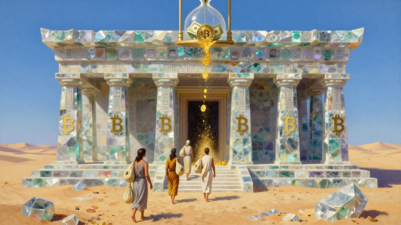 Храм из блокчейн-кристаллов с символами USDT, куда идут паломники, неся криптовалюты.