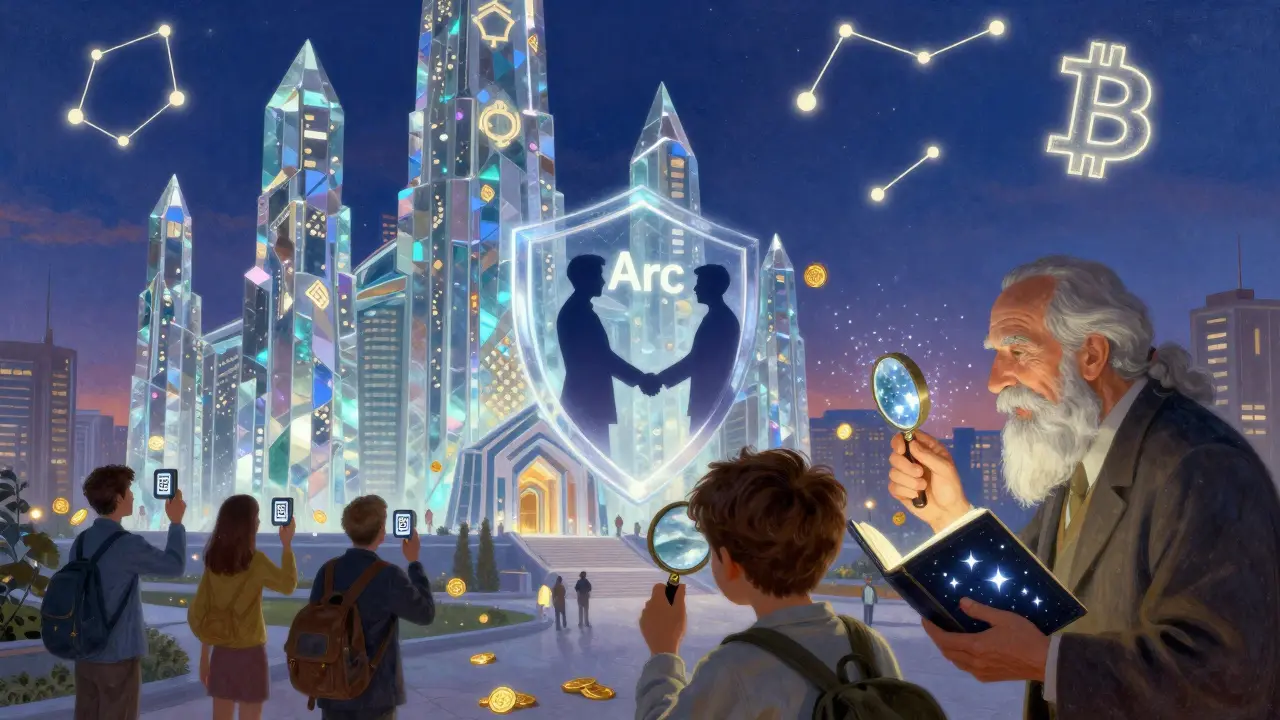 Храм из блокчейна, люди сканируют QR-коды, над транзакцией — щит с рукопожатием, ребёнок учится проверять адреса.