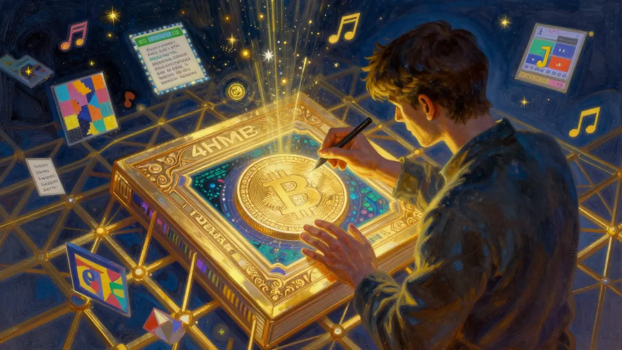 Художник вписывает изображение в сатоши на золотом блокчейн-своде, окружённый цифровыми фрагментами.