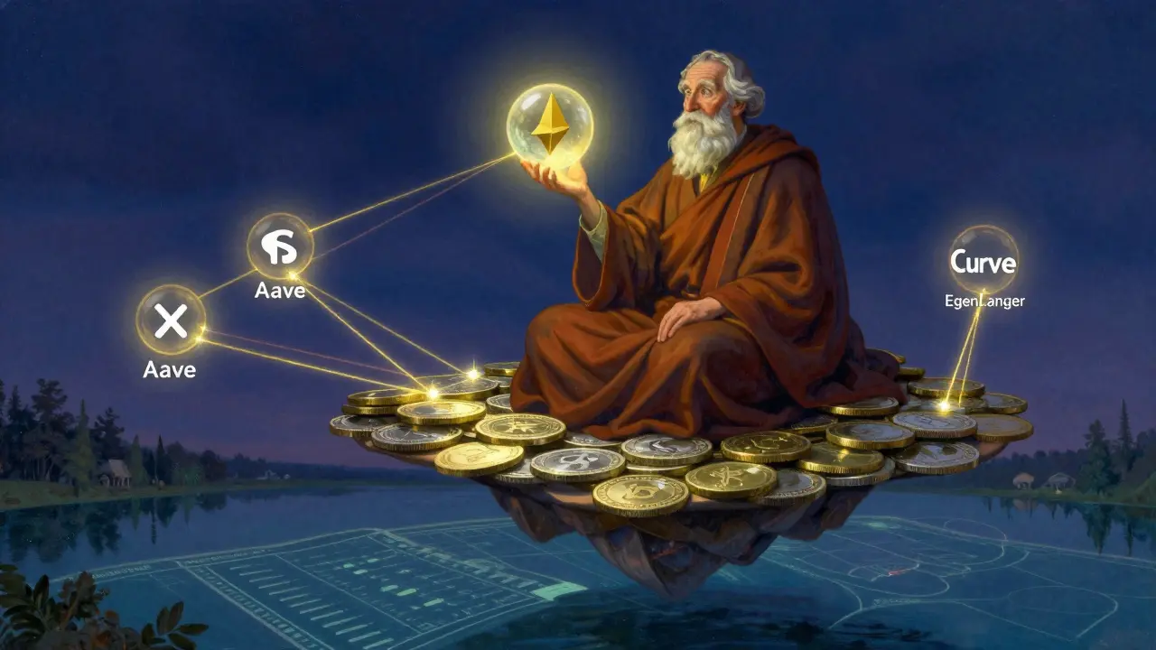 Инвестор держит stETH-сферу, соединённую золотыми нитями с протоколами Aave и EigenLayer.