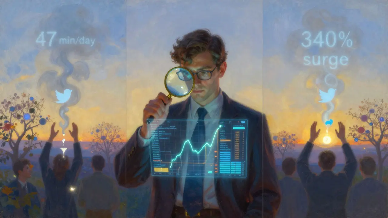 Инвестор с лупой смотрит на блокчейн-данные, в то время как боты исчезают, а сообщество Discord голосует на рассвете.