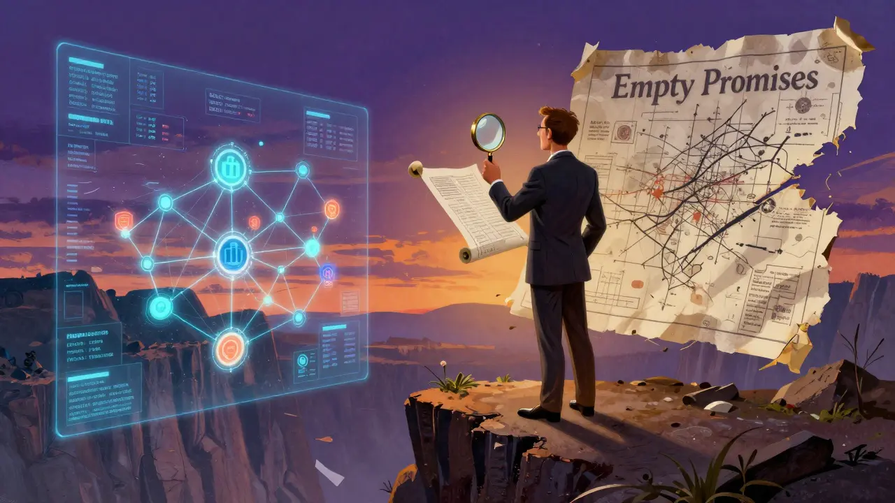 Инвестор с лупой смотрит на дорожную карту: одна сторона — живая сеть, другая — руины обещаний.