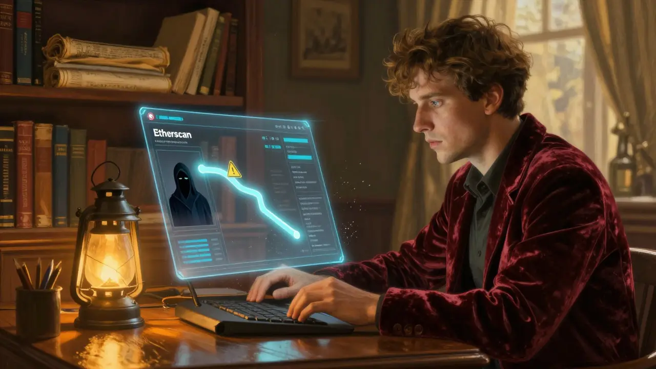 Инвестор смотрит на голографический интерфейс блокчейна, один путь чистый, другой с тенью хакера.