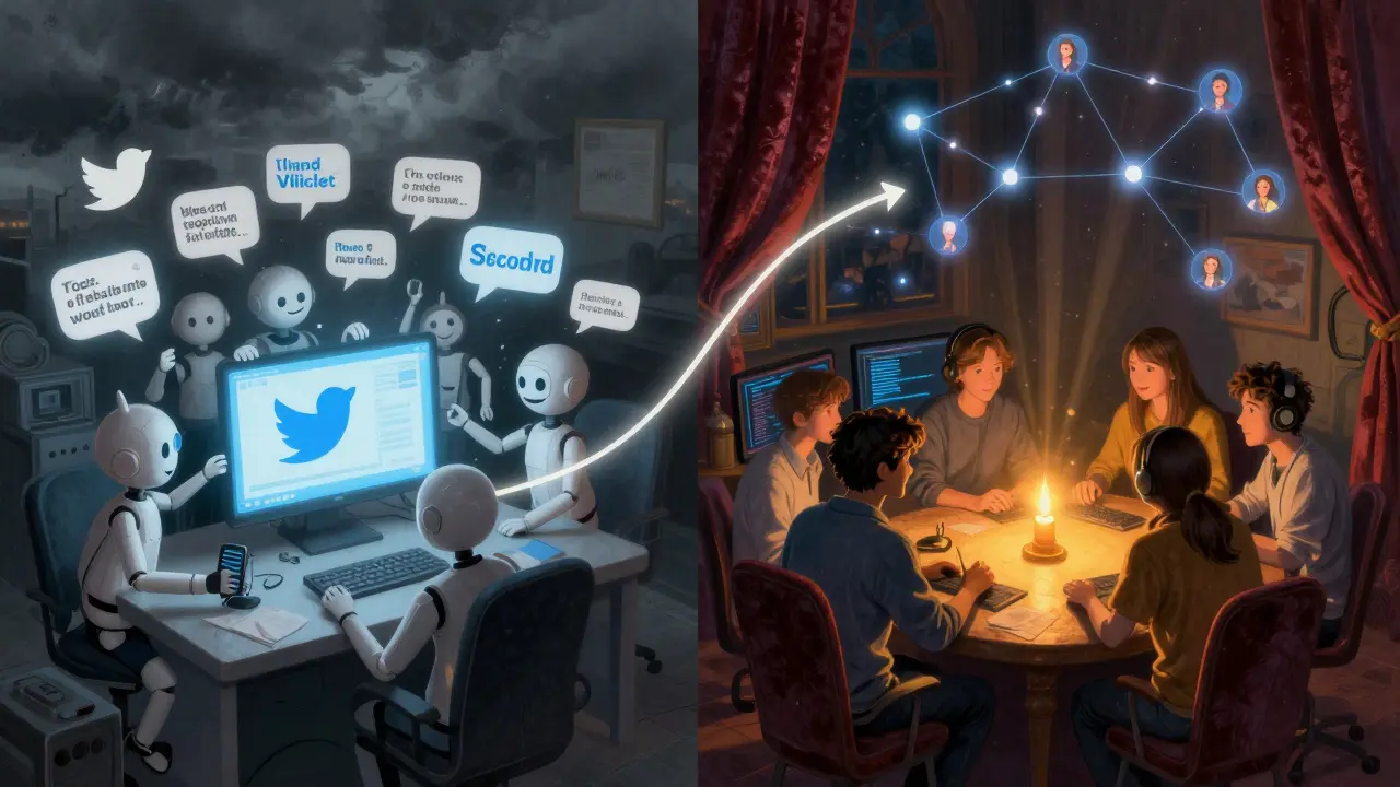 Контраст между хаотичным Twitter и спокойным Discord, освещённым тёплым светом, с реальными пользователями за столом.