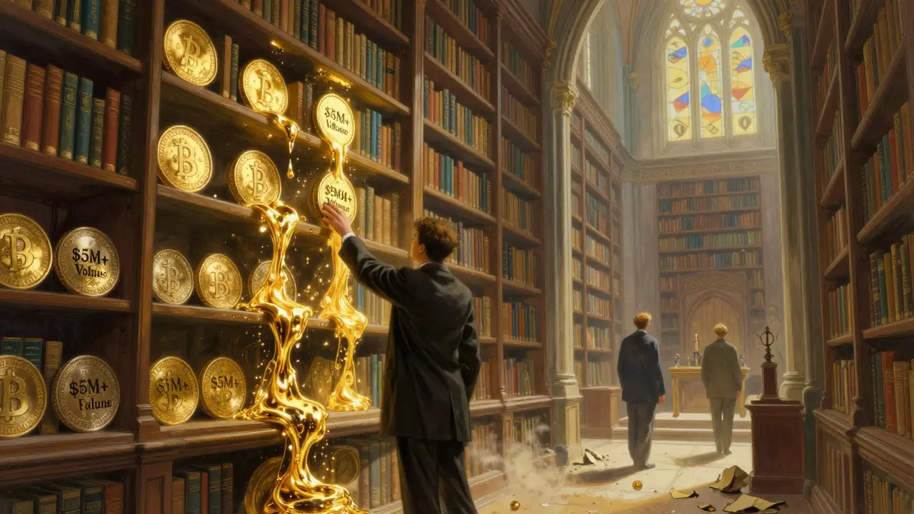 Криптовалютная библиотека с glowing полками объёма, остальные монеты разрушаются.