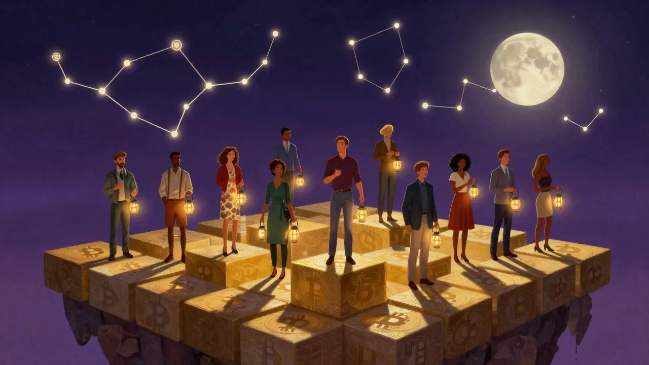 Люди на острове из биткоин-блоков, держат фонари-ключами, над ними — созвездия из хешей.