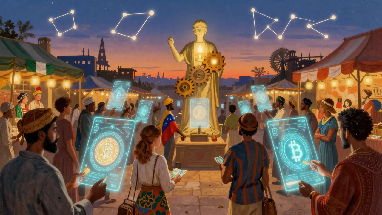 Люди по всему миру обменивают наличные на криптовалюту через голограммы под наблюдением светящегося арбитра.