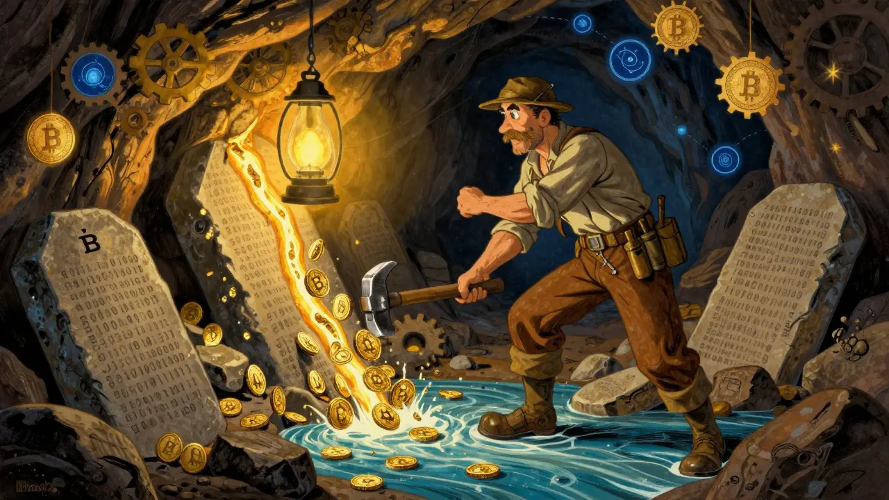 Майнер добывает биткоины в пещере, где код превращается в золото.