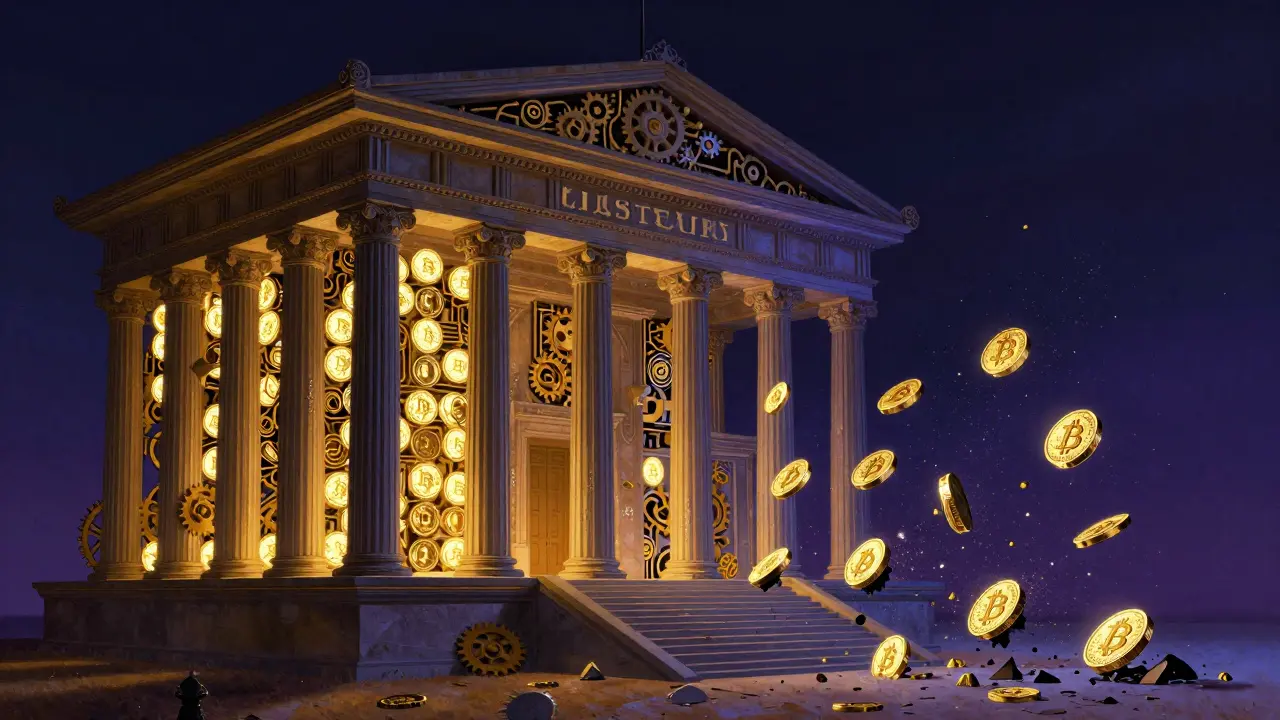 Механический храм с одной стороны — резервами долларов, с другой — рушащимися алгоритмическими токенами, в стиле Максфилда Парриша.