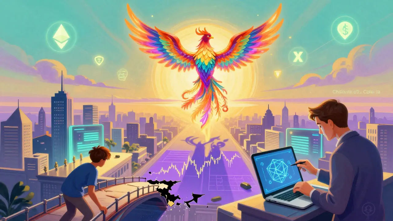 Многоцветный токен-феникс над тремя городами, разработчик настраивает мультичейн-контракт.