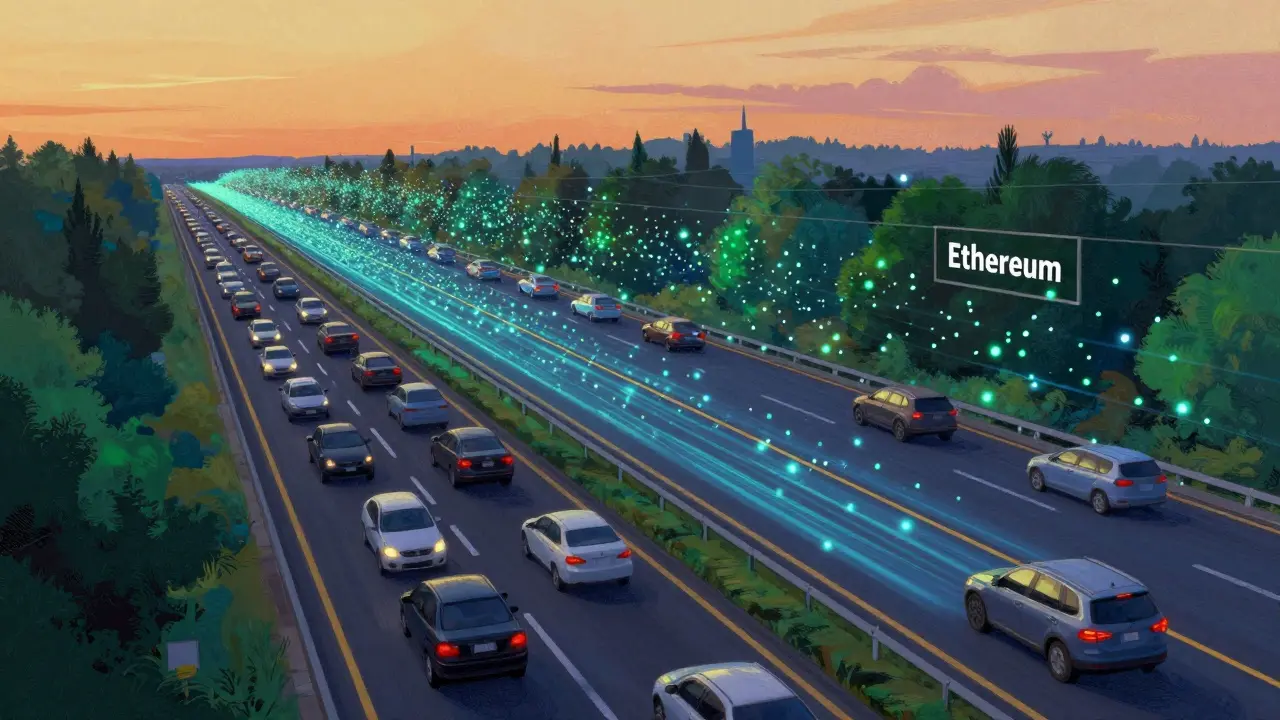 Многополосная цифровая магистраль с быстрыми транзакциями против медленной дороги Ethereum.