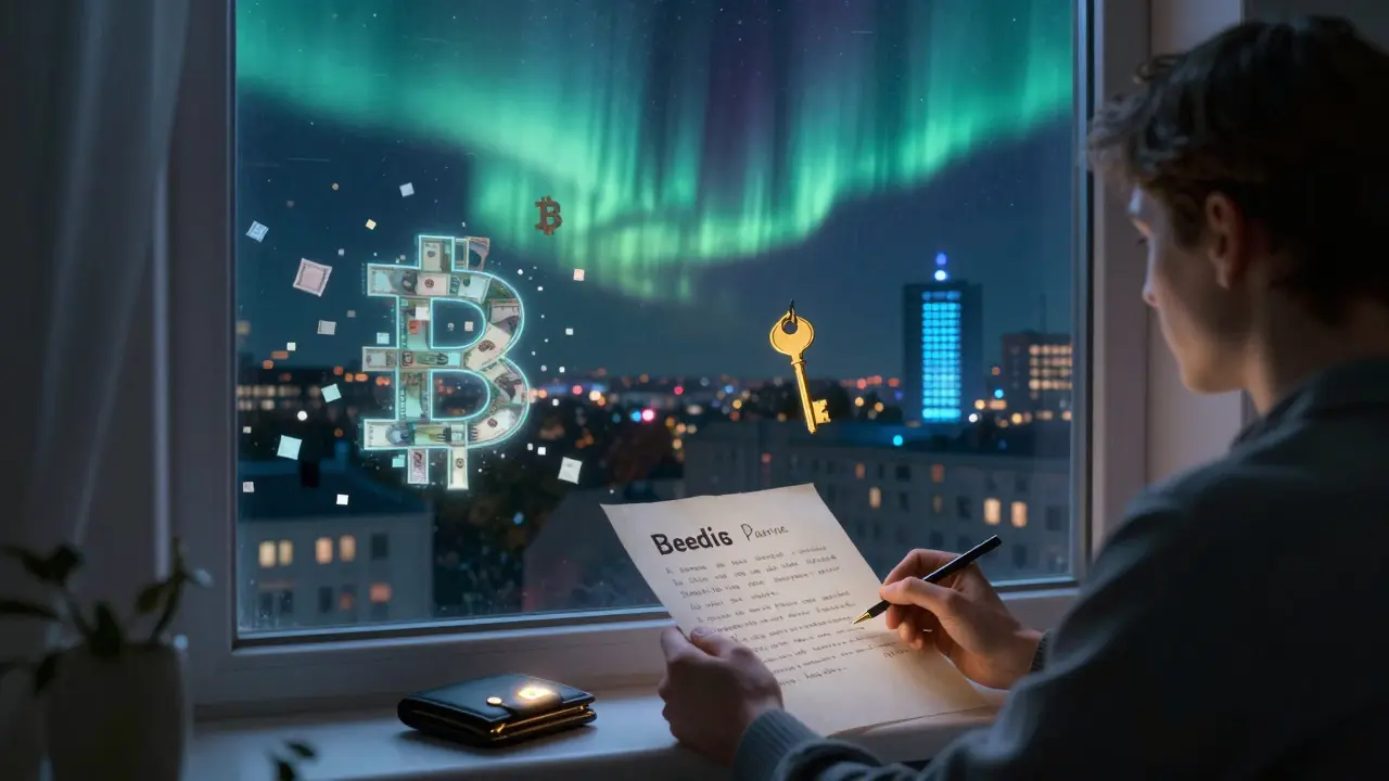 Person holding crypto seed phrase by window as digital aurora glows over city at night.