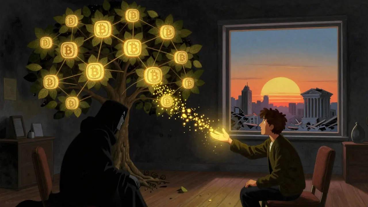 Первая транзакция Биткойна: светящийся поток от одной фигуры к другой, вокруг — дерево блокчейна.