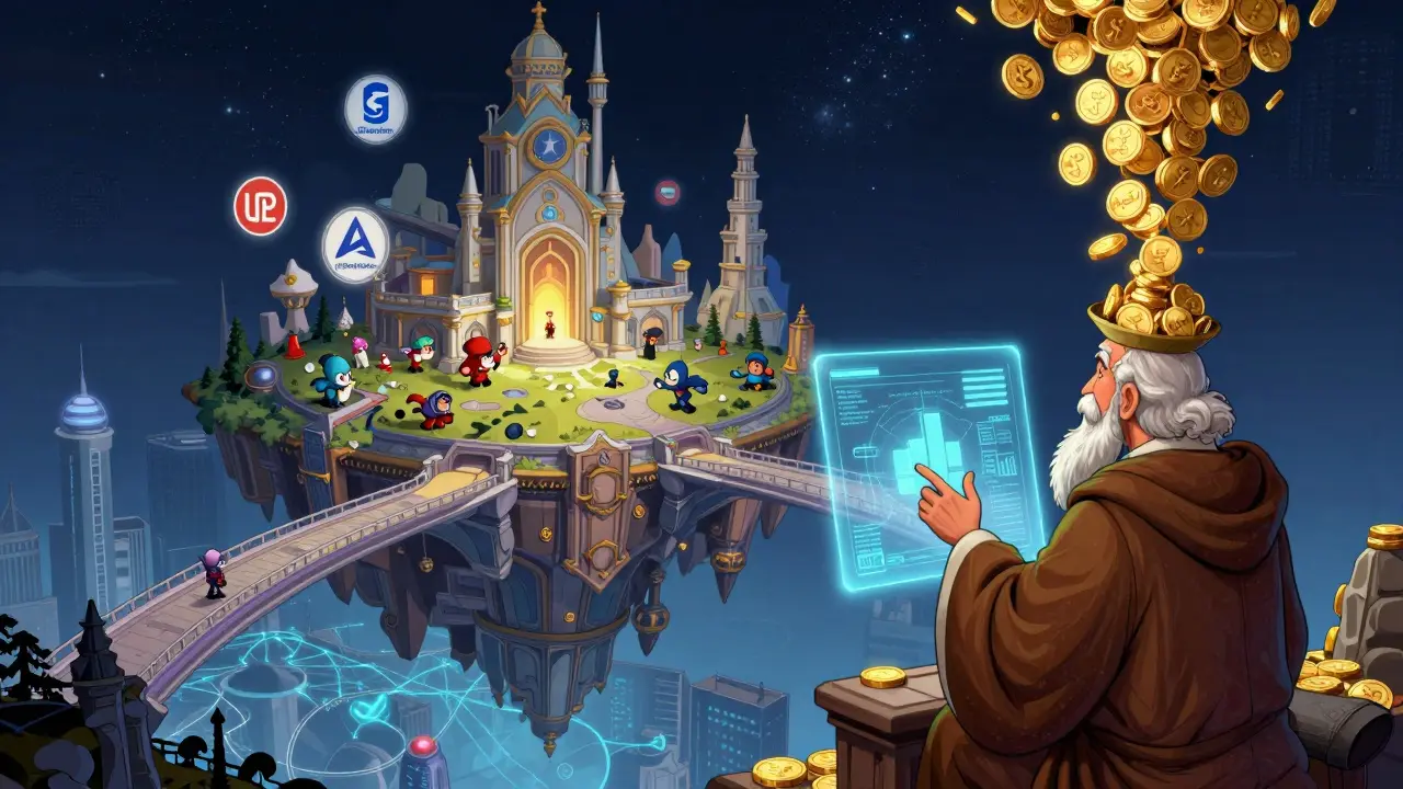 Плавающий остров-сабсет с корпоративными логотипами, соединённый с основной сетью Avalanche.