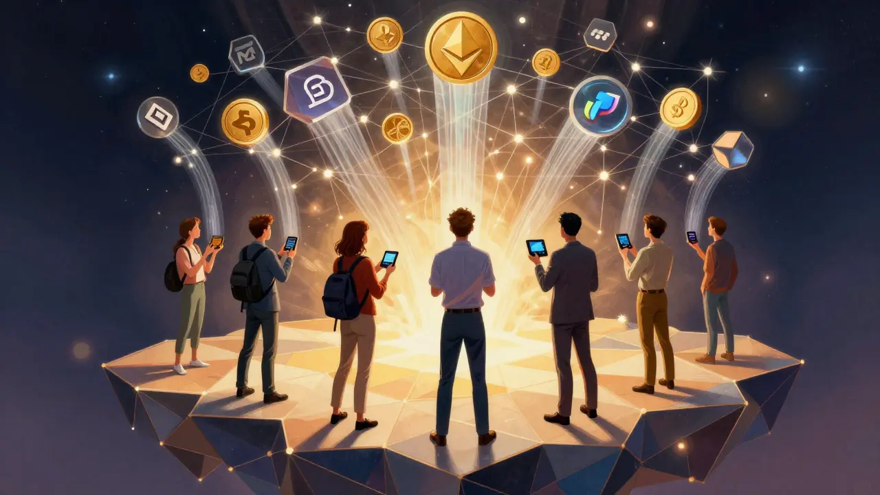 Пользователи наблюдают за потоком токенов между Ethereum и Polygon, окруженные светящейся многослойной архитектурой AggLayer.