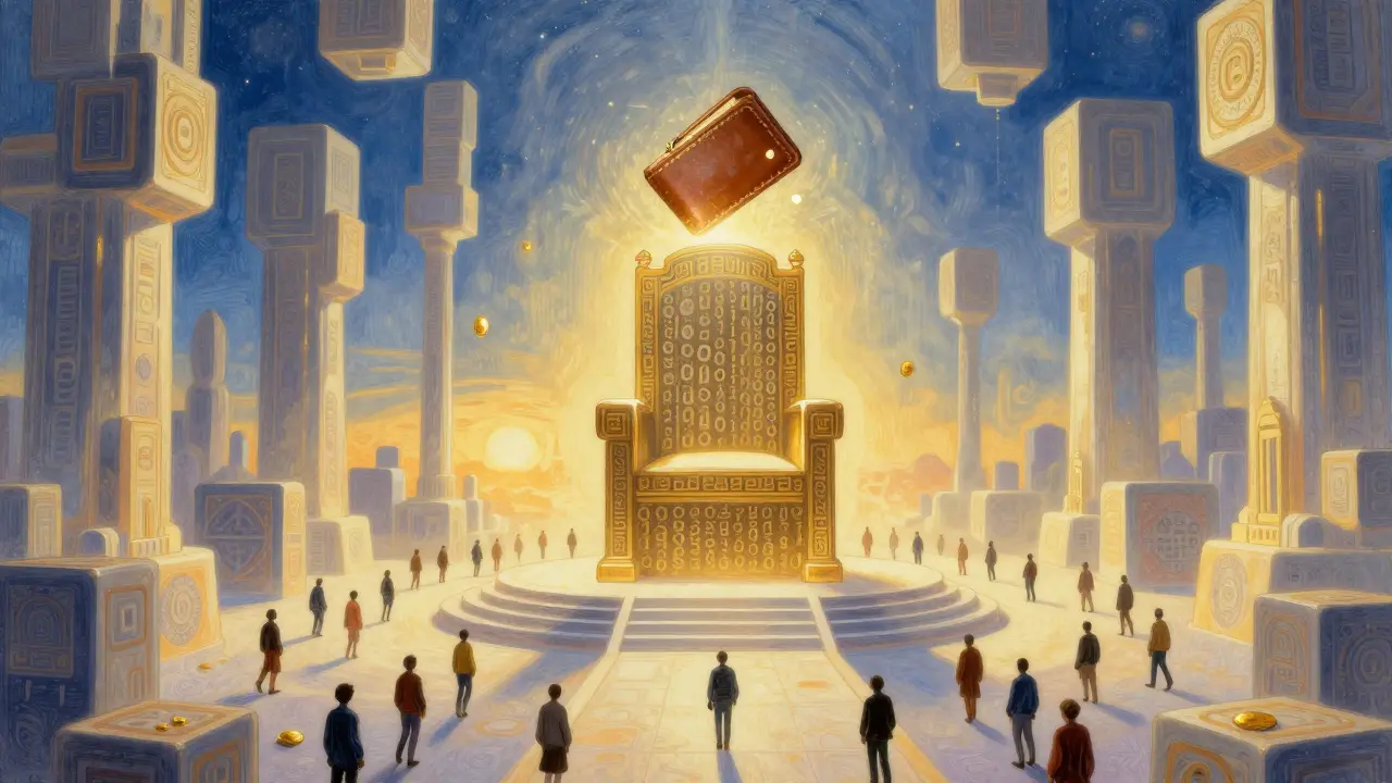 Пустой трон из блоков кода, окруженный тысячами людей, поднимающихся к восходящему солнцу.