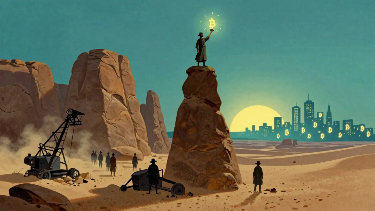 Пустыня с горами-майнерами, один майнер держит светящийся биткоин, старые фермы рушатся.