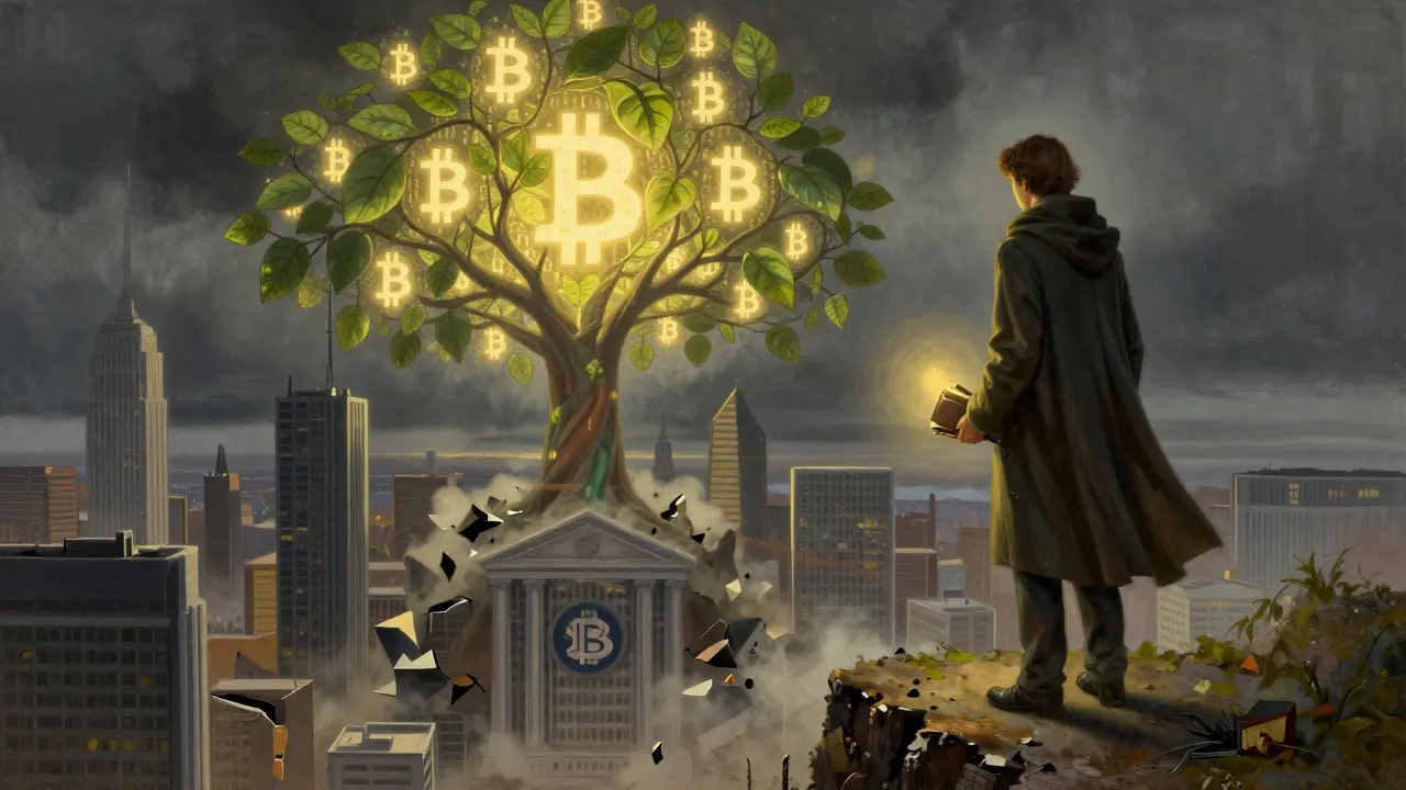 Путник держит цифровой кошелек на скале, а за ним рушится город с символами центральных банков.