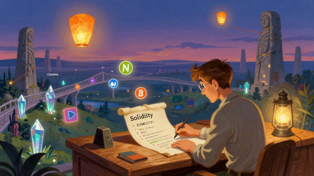 Разработчик пишет код, который превращается в байткод EVM, на фоне децентрализованного мира с NFT и оракулами.