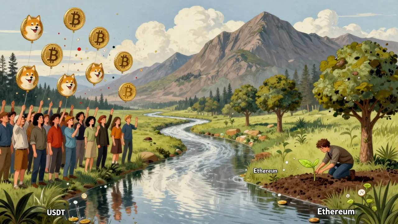 Река стабильных монет течёт через долину, а люди держат мемкоины-шары, в то время как кто-то сажает семя Эфириума.