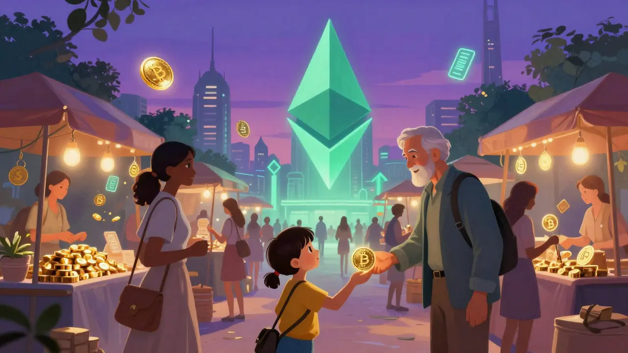 Рынок будущего: люди торгуют токенизированными активами под светящейся башней Эфира, ребёнок передаёт монету пожилому мужчине.