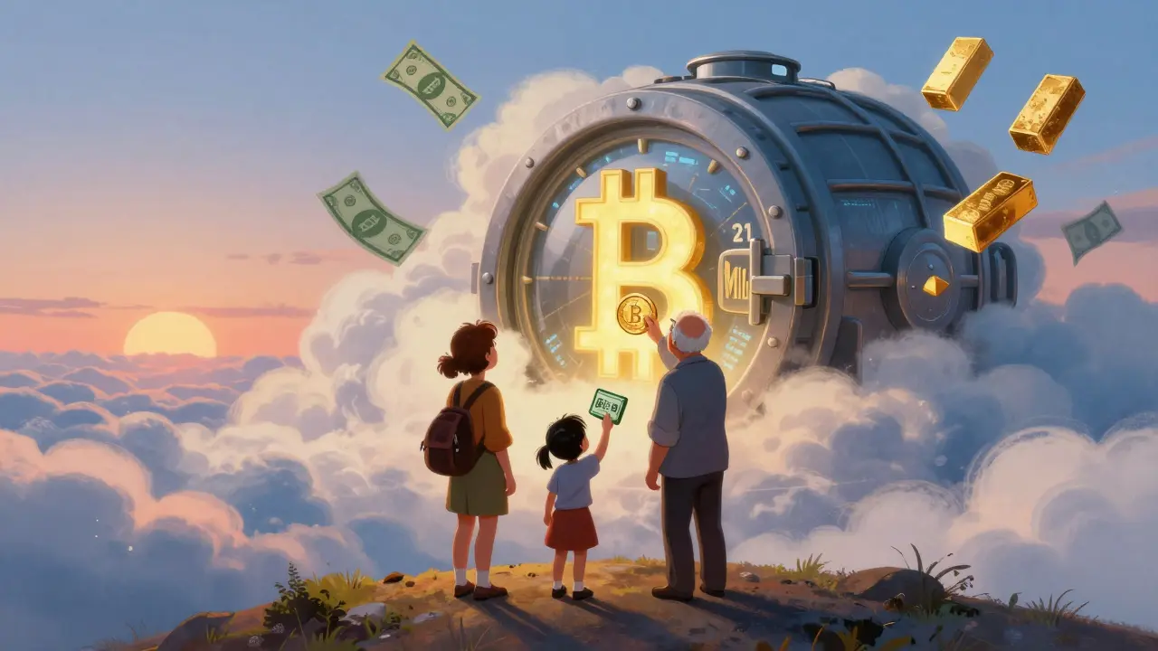 Семья смотрит на цифровой сейф биткоинов, закрывающийся на 21 миллион.