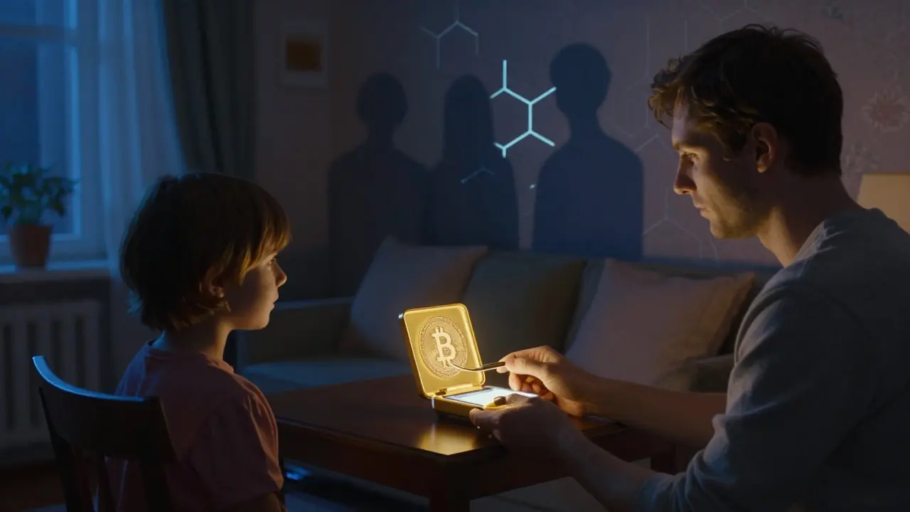 Семья в Москве передаёт криптовалюту на аппаратный кошелёк, тени исчезающих бирж исчезают в тени.