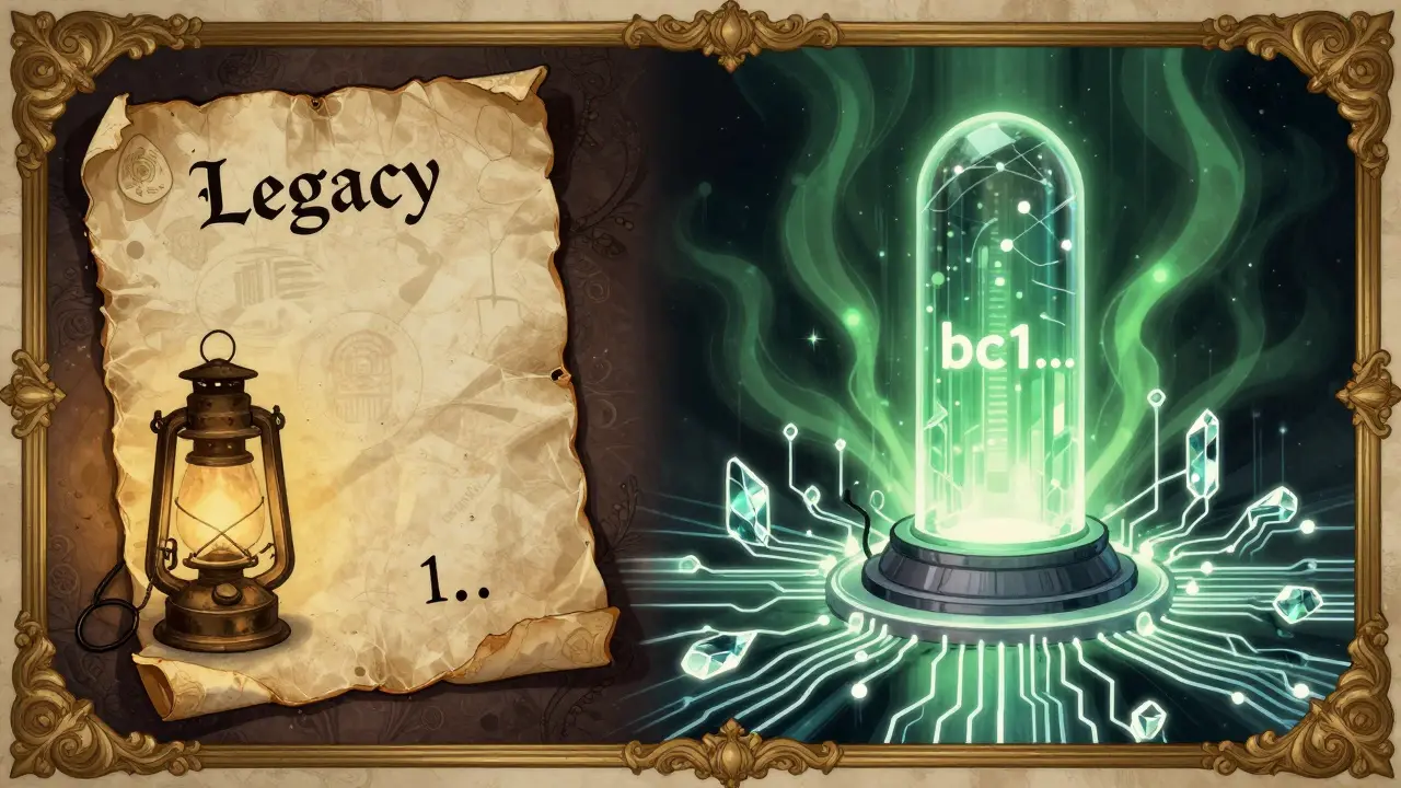 Сравнение устаревшего и современного адресов в стиле старинной иллюстрации.