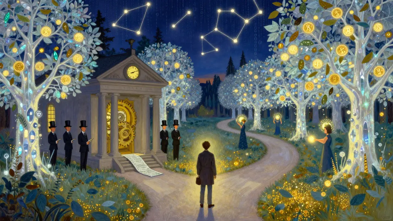 Traveler at crossroads between paper money and blockchain forest under starry sky.