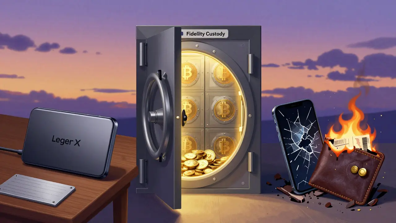 Три части изображения: аппаратный кошелек, защищенный хранилище и сгоревшие цифровые кошельки на фоне заката.
