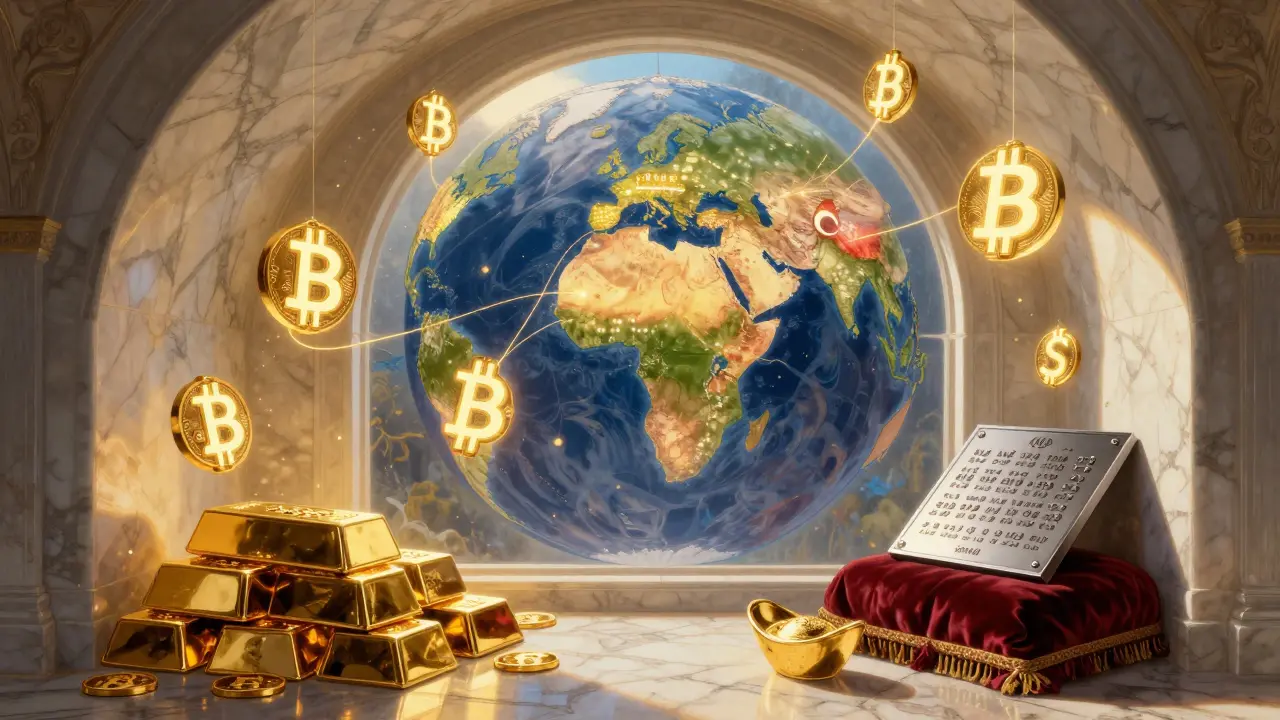 В открытом сейфе — цифровые биткоины вместо золота, а на глобусе видны страны, где его принимают.