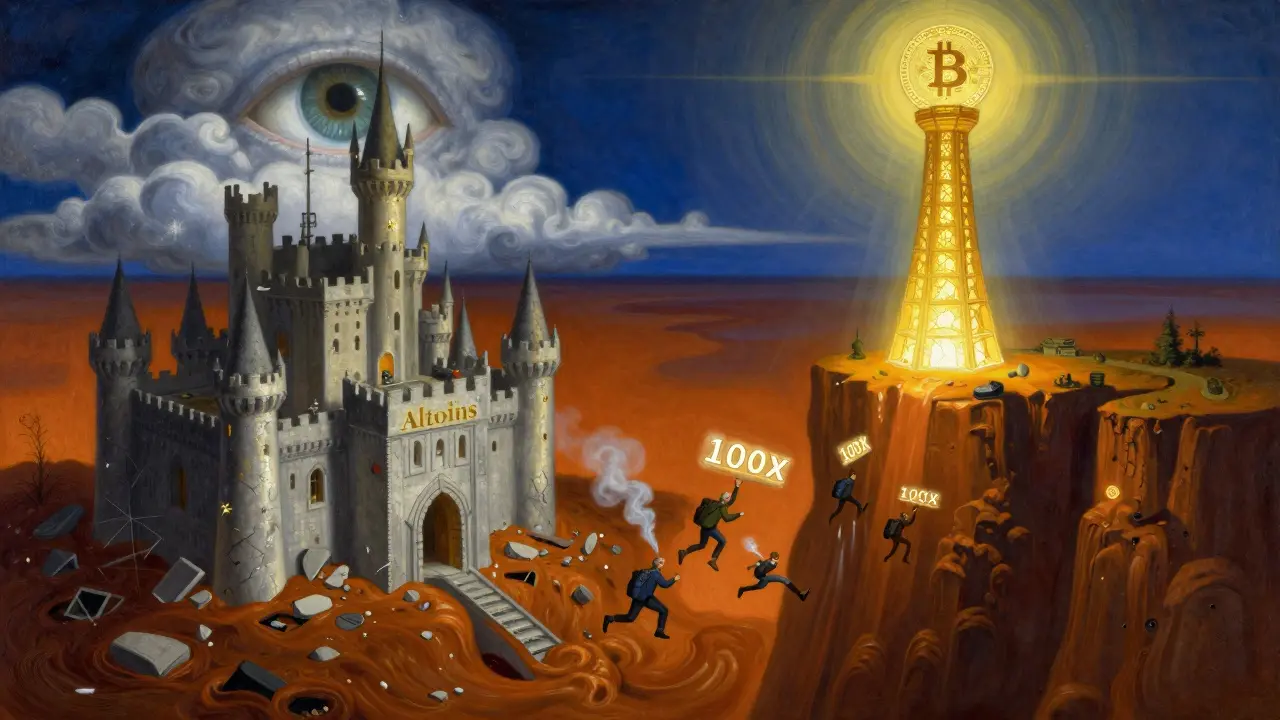 A crumbling altcoin castle sinking into darkness while Bitcoin shines alone, traders with leverage vanishing into smoke.