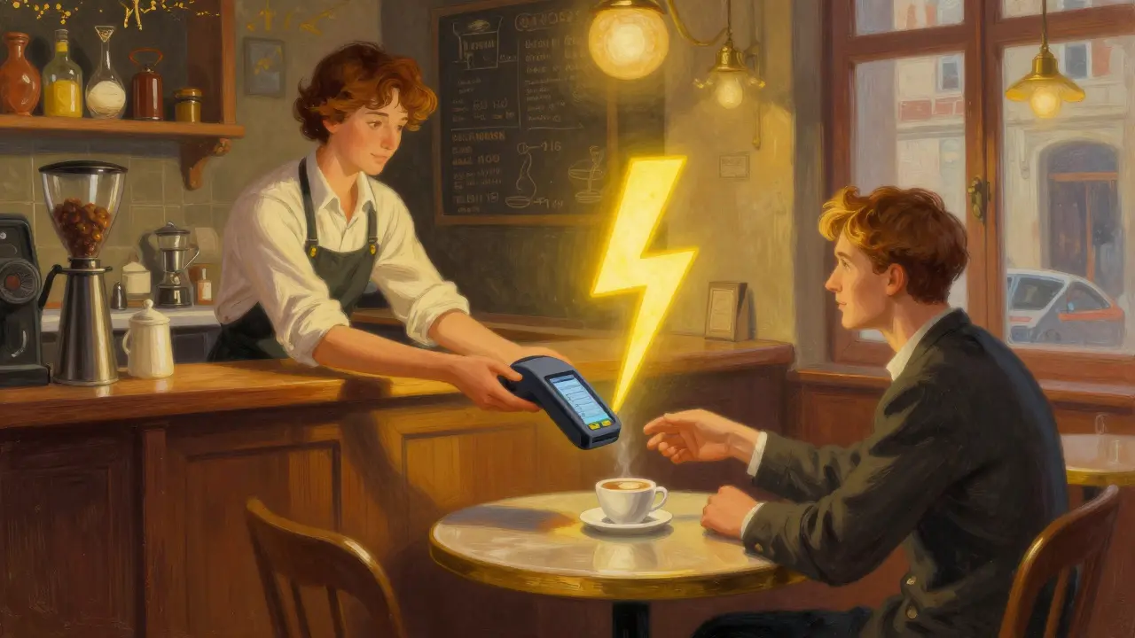 Берлинская кофейня: бариста подает кофе, мгновенная оплата биткоином.