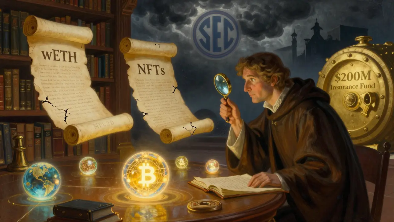 Библиотека цифровых активов с древними свитками и светящимися шариками блокчейнов.