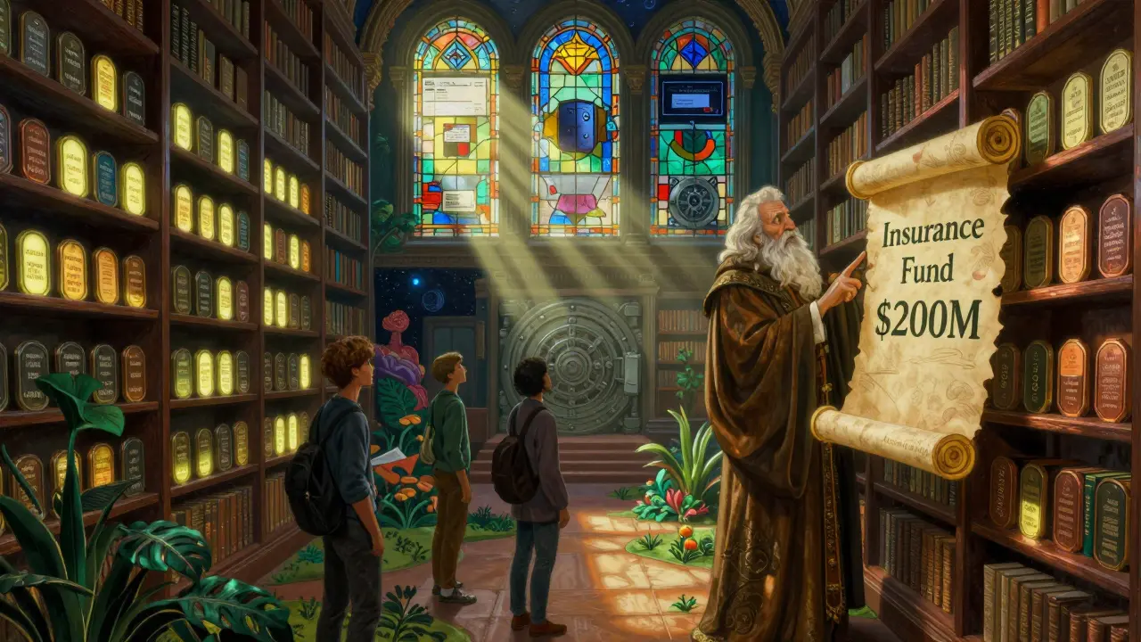 Библиотека цифровых токенов с лучом света, освещающим фонд страхования, трое пользователей внизу.